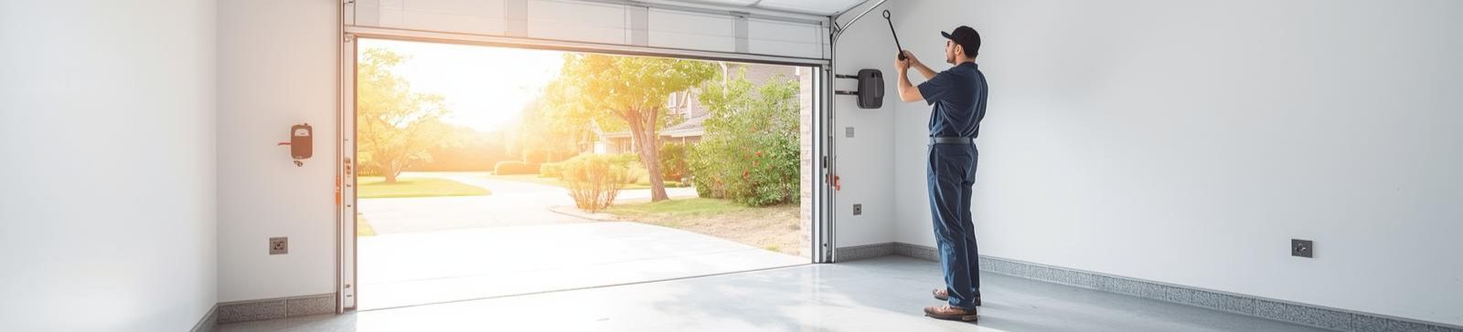 Garage Door Tune-Up Conroe TX Technician inspecting and tuning up a residential garage door in Conroe, TX